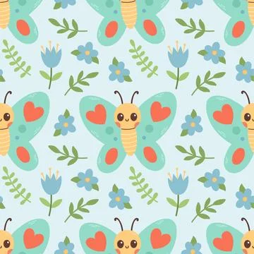 Seamless pattern of butterfly, blue flowers and green leaf on blue background Stock Illustration