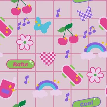 Seamless pattern butterfly, cherry, rainbow  2000s in y2k style Stock Illustration