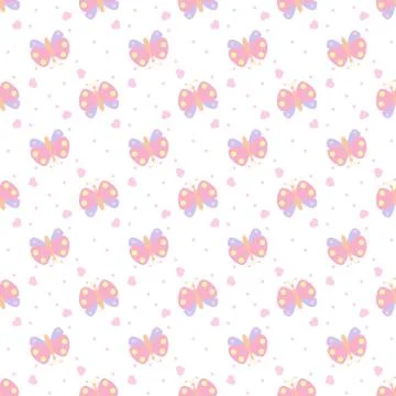 Seamless pattern with butterfly, hearts and star on white background.  Baby c Stock Illustration