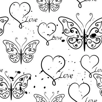 Seamless pattern with a butterfly, hearts and the inscription love. a Stock Illustration