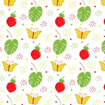 Seamless pattern with butterfly, leaf, strawberry. Stock Illustration