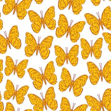 Seamless pattern with butterfly orange mustard yellow sketch, brown contour i Illustrazione stock