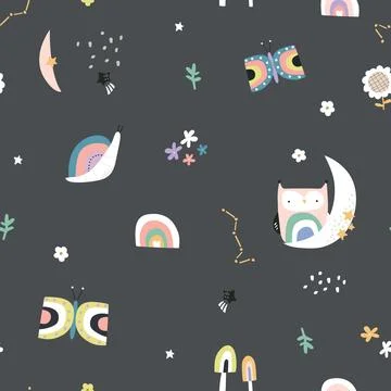 Seamless pattern with butterfly, owl, snail on dark gray background. Stock Illustration