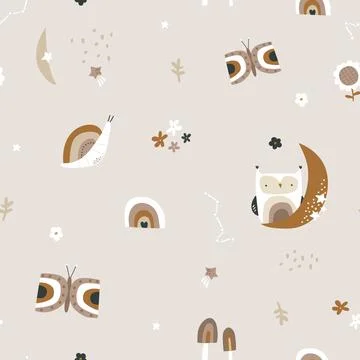Seamless pattern with butterfly, owl, snail, moon and floral background. Stock Illustration