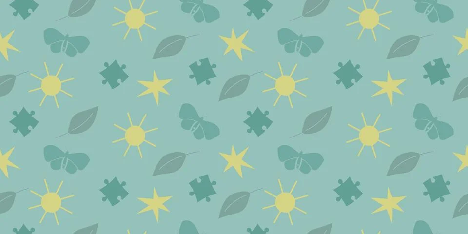 Seamless pattern with butterfly, star, sun, leaf, puzzle. Stock Illustration