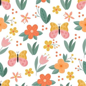 Seamless pattern with butterfly, yellow, flowers Stock Illustration