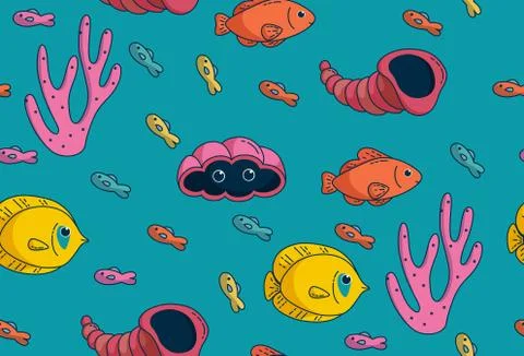 Seamless pattern, butterflyfish, shells and other tropical species. Vector 库存插图