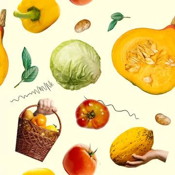 Seamless pattern with cabbage, squash, tomatoes, basket, and vegetables against Stock Photos