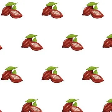 Seamless pattern of Cacao beans with green leaves in cartoon style on white b Stock Illustration
