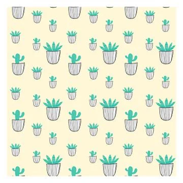 Seamless pattern of cacti and aloes in pots. Plant pattern for packaging paper Stock Illustration