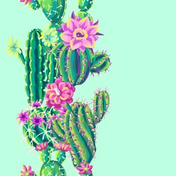 Seamless pattern with cacti and flowers. Stock Illustration