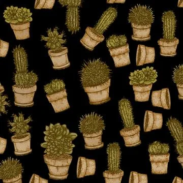 Seamless pattern with cacti on a black background. Stock Illustration