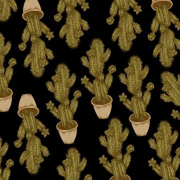 Seamless pattern with cacti on a black background. Stock Illustration