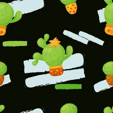 Seamless pattern with cacti flowerpots. Beautiful prickly and blooming cactus イラスト素材