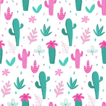 Seamless pattern, cacti, palm leavs, jungle flowers Stock Illustration