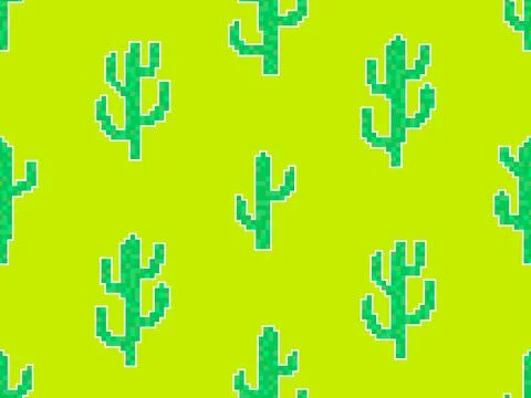 Seamless pattern with cacti in pixel art style. 8-bit cacti with white outl.. 스톡 일러스트