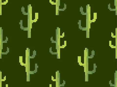 Seamless pattern with cacti in pixel art style. Green 8-bit cacti in the st.. Stock Illustration