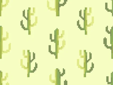 Seamless pattern with cacti in pixel art style. Green 8-bit cacti in the st.. Stock Illustration