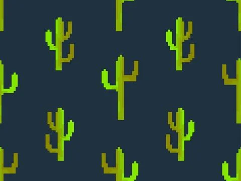 Seamless pattern with cacti in pixel art style. Green 8-bit cacti in the st.. Illustrazione stock