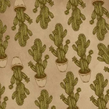 Seamless pattern with cacti in pots. Vintage background. Stock Illustration