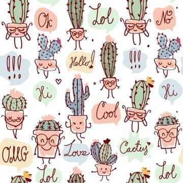 Seamless pattern with cacti in retro colors. Cute children characters with Stock Illustration