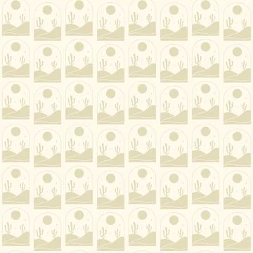 Seamless pattern with cactus and dunes illustration. Vector print of with moon 스톡 일러스트
