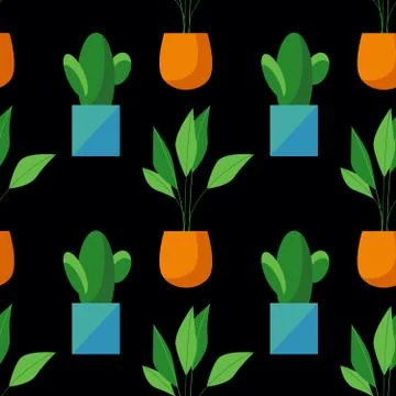 Seamless pattern of cactus and ficus in pots isolated on black background Stock Illustration