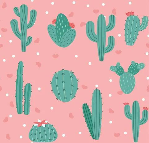 Seamless pattern with cactus and succulents, vector illustration in vintage s Stock Illustration