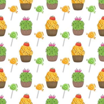 Seamless pattern with cactus cake and cupcakes Stock Illustration