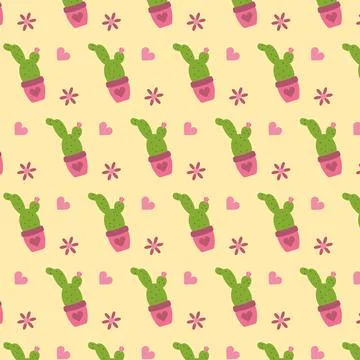 Seamless pattern with cactus in the flowerpot and pink hearts a yellow Stock Illustration