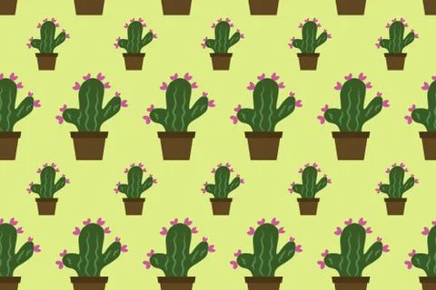 Seamless pattern of cactus with flowers. Green plants in pots. Cactus flat Stock Illustration