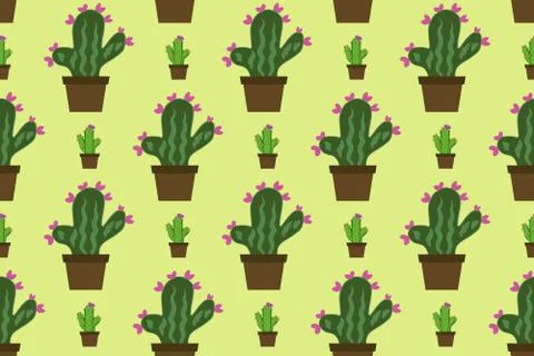 Seamless pattern of cactus with flowers. Green plants in pots. Cactus flat Stock Illustration