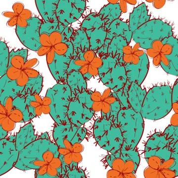 Seamless pattern cactus with flowers sketch green orange, contour isolated on Illustrazione stock