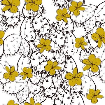 Seamless pattern cactus with flowers sketch, gold mustard yellow, black conto Stock Illustration