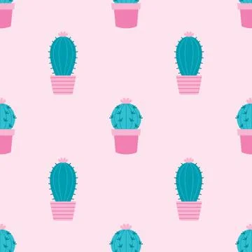 Seamless pattern with cactus in green and on pink background. Illustrazione stock