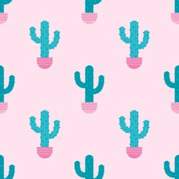 Seamless pattern with cactus in green and on pink background. Stock Illustration