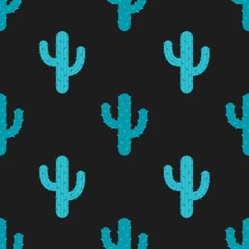 Seamless pattern with cactus in green on black background Stock Illustration