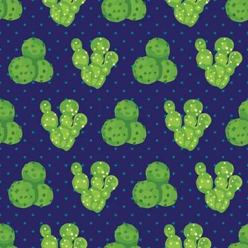 Seamless pattern cactus illustration on dark blue background with polka dots Stock Illustration
