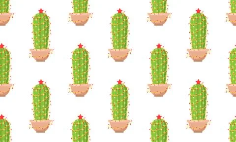 Seamless pattern with cactus with new year garland. Feliz navidad. Vector Stock Illustration
