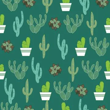 Seamless pattern with cactus plants on green background Stock Illustration