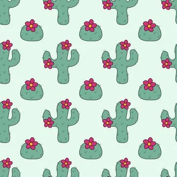 Seamless Pattern with Cactus plants with pink flowers. Cacti background. Stock Illustration