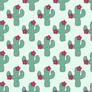 Seamless Pattern with Cactus plants with pink flowers. Cacti background Stock Illustration