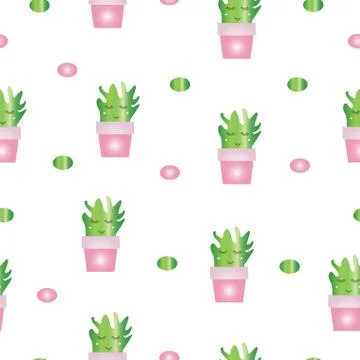 Seamless pattern with cactus plants vector - green and pink colors Stock Illustration