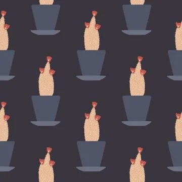Seamless pattern with cactus in pot on black background. Design for fabric, t Stock Illustration