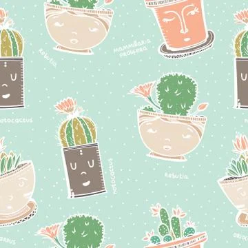 Seamless pattern with cactus in pot with face. Stock Illustration