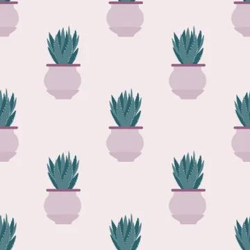 Seamless pattern with cactus in pot on light background. 스톡 일러스트