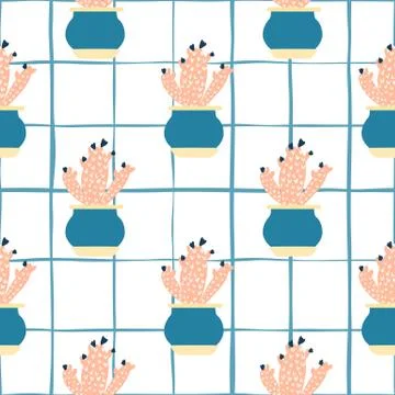 Seamless pattern with cactus in pot on stripe background. Design for fabric,  Stock Illustration