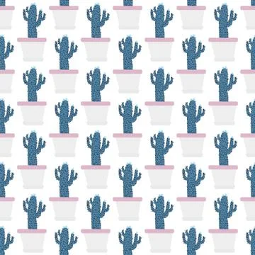 Seamless pattern with cactus in pot on white background. Stock Illustration