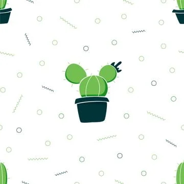 Seamless pattern. Cactus in pots. Green plants on a white background Stock Illustration