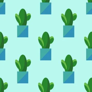 Seamless pattern of cactus in pots isolated on blue background. Simple cartoon Stock Illustration